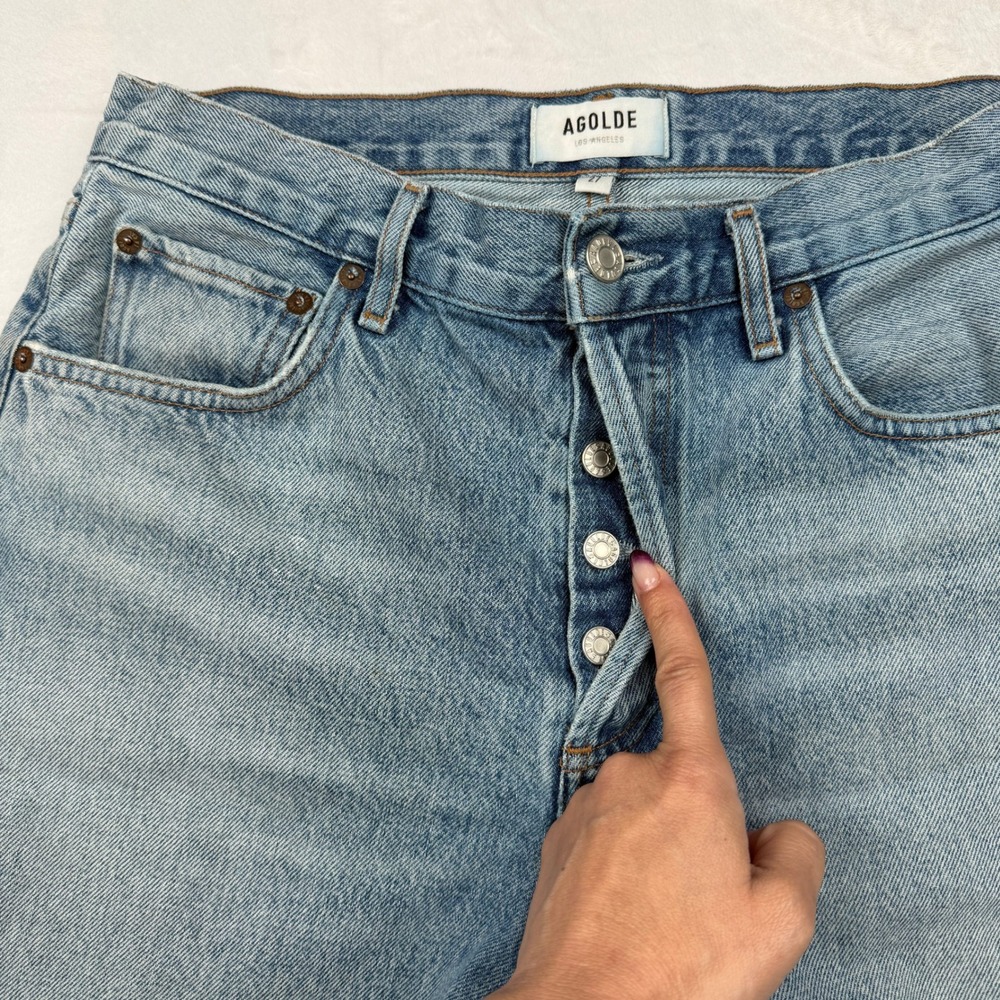 AGOLDE Rumi High Rise Denim Shorts 27 Bermuda Raw Hem Coastal - Picture 4 of 9